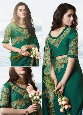 Dark Teal Embroidered Pure Silk Saree With Blouse 2