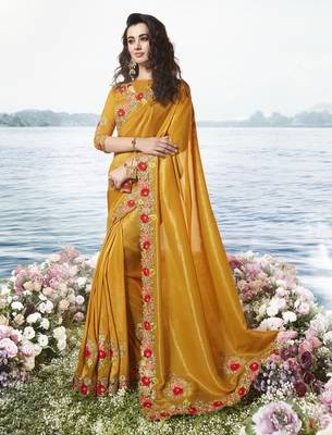 Mustard Embroidered Pure Tissue Saree With Blouse 1
