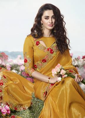 Mustard Embroidered Pure Tissue Saree With Blouse 3
