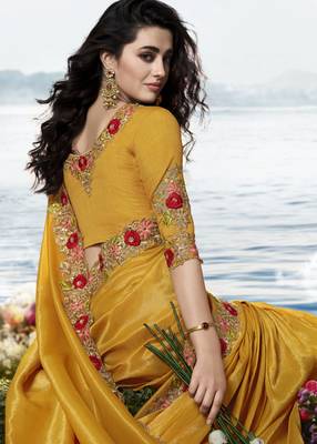 Mustard Embroidered Pure Tissue Saree With Blouse 4