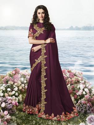 Dark Wine Embroidered Pure Silk Saree With Blouse 1