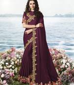 Dark Wine Embroidered Pure Silk Saree With Blouse