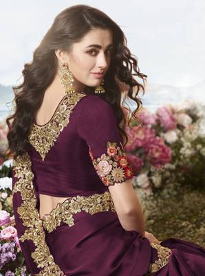 Dark Wine Embroidered Pure Silk Saree With Blouse 2