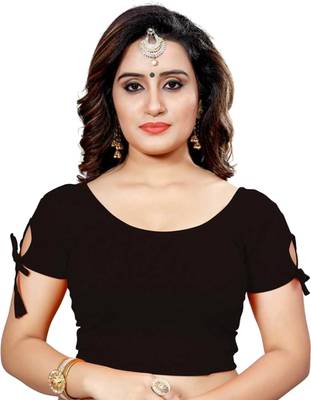 Black Kala Lycra Stretchable Readymade Blouse for Women Short Sleeve with String Dori  1
