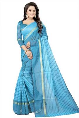 Light blue plain cotton poly saree with blouse 1