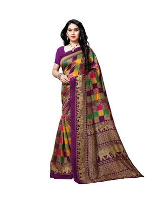 Purple printed bhagalpuri silk saree with blouse 1