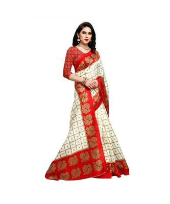 Red printed bhagalpuri silk saree with blouse 4