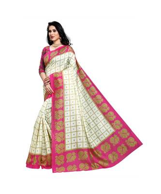 Pink printed bhagalpuri silk saree with blouse 2