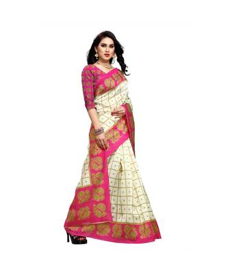 Pink printed bhagalpuri silk saree with blouse 4
