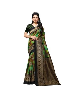Green printed bhagalpuri silk saree with blouse 1