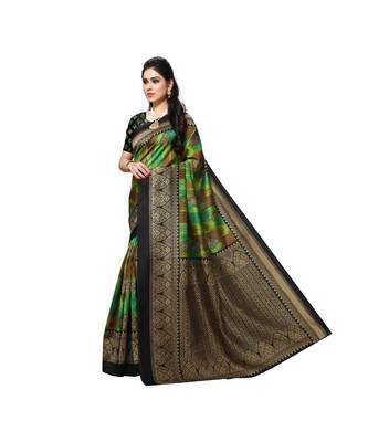 Green printed bhagalpuri silk saree with blouse 2
