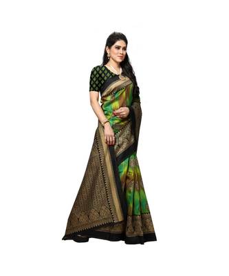 Green printed bhagalpuri silk saree with blouse 4