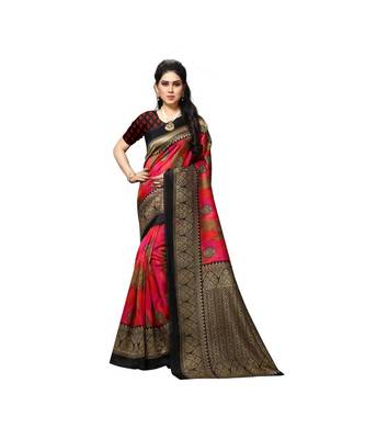 Pink printed bhagalpuri silk saree with blouse 1