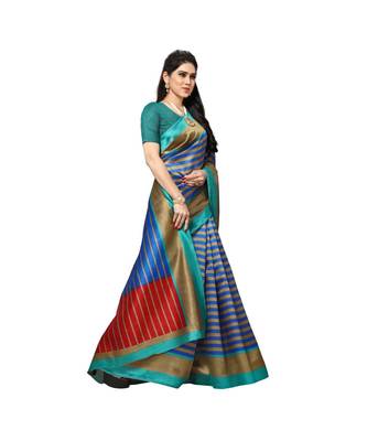 Blue printed bhagalpuri silk saree with blouse 4