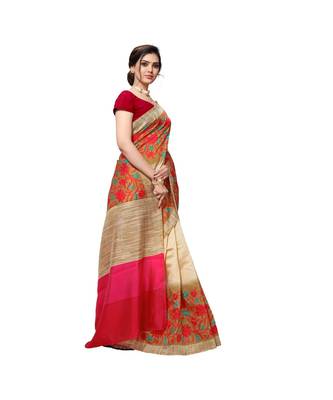 Pink printed bhagalpuri silk saree with blouse 4
