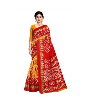 Yellow printed bhagalpuri silk saree with blouse 1