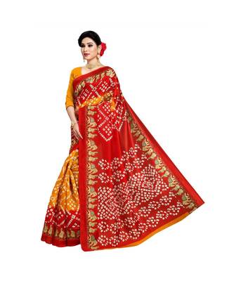 Yellow printed bhagalpuri silk saree with blouse 2
