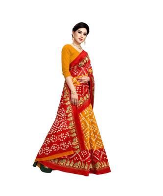 Yellow printed bhagalpuri silk saree with blouse 4
