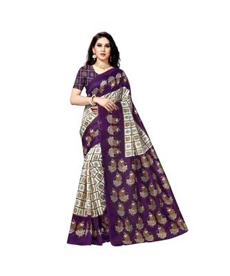 Purple printed bhagalpuri silk saree with blouse 1