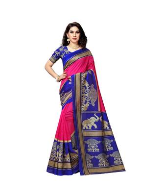 Pink printed bhagalpuri silk saree with blouse 1