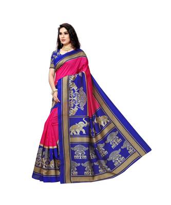 Pink printed bhagalpuri silk saree with blouse 2