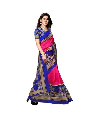 Pink printed bhagalpuri silk saree with blouse 4