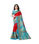 Red printed bhagalpuri silk saree with blouse