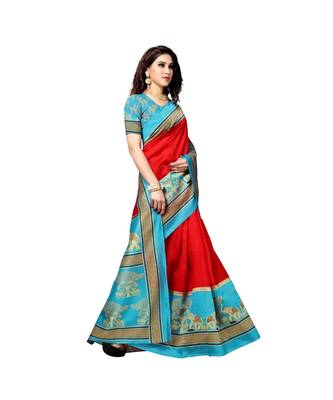 Red printed bhagalpuri silk saree with blouse 4