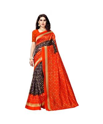 Orange printed bhagalpuri silk saree with blouse 1