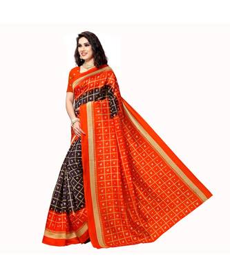 Orange printed bhagalpuri silk saree with blouse 2