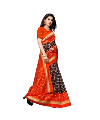 Orange printed bhagalpuri silk saree with blouse 4