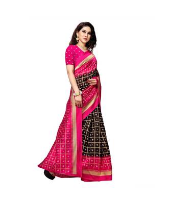 Pink printed bhagalpuri silk saree with blouse 4