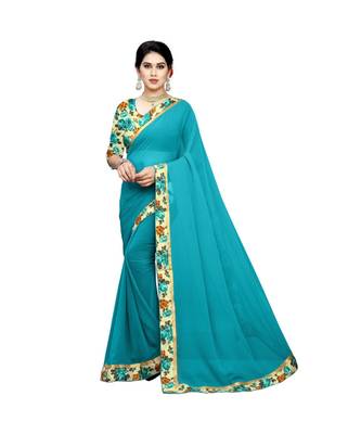 turquoise printed chiffon saree with blouse 1