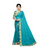 turquoise printed chiffon saree with blouse