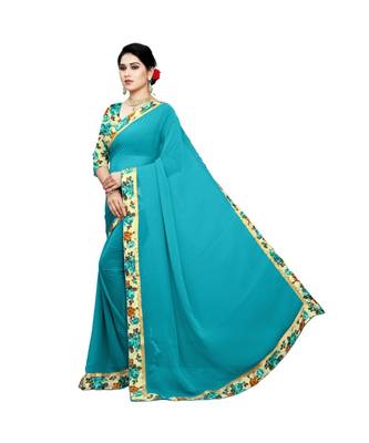turquoise printed chiffon saree with blouse 2