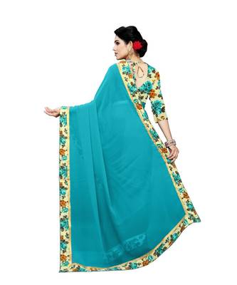 turquoise printed chiffon saree with blouse 3