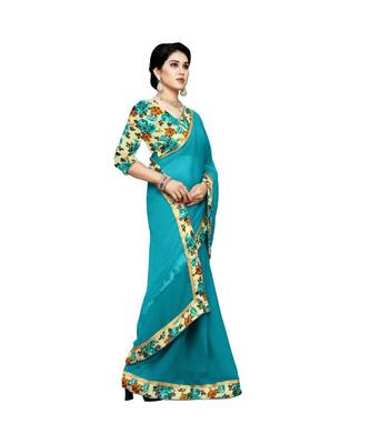 turquoise printed chiffon saree with blouse 4
