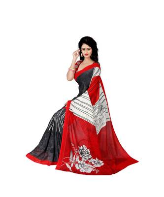 Red printed georgette saree with blouse 4