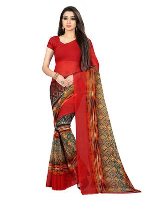 Red printed georgette saree with blouse 1