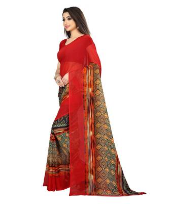 Red printed georgette saree with blouse 2