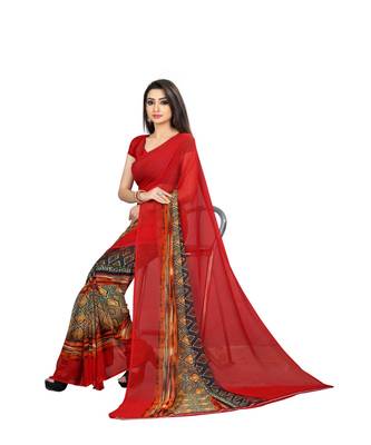 Red printed georgette saree with blouse 4
