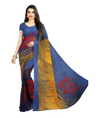 Blue printed georgette saree with blouse 1