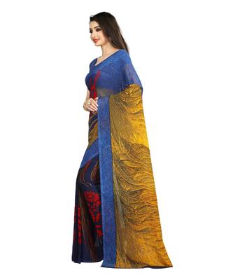Blue printed georgette saree with blouse 2