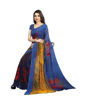 Blue printed georgette saree with blouse 4