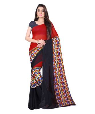 Red printed georgette saree with blouse 1