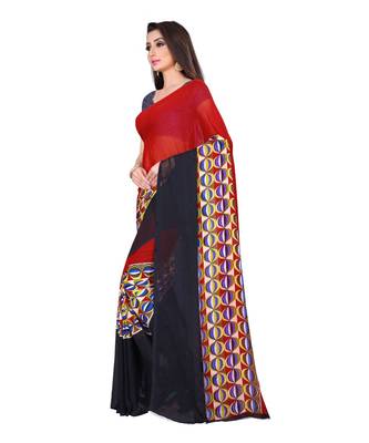 Red printed georgette saree with blouse 2