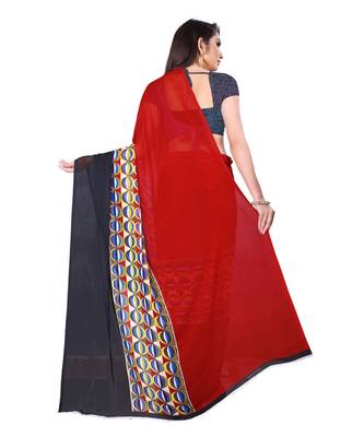Red printed georgette saree with blouse 3