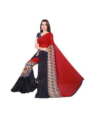 Red printed georgette saree with blouse 4