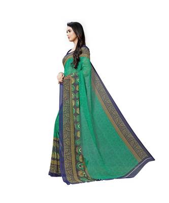 Green printed georgette saree with blouse 2