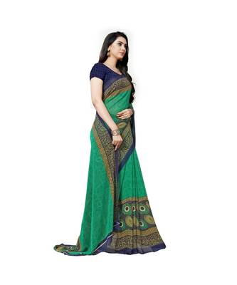 Green printed georgette saree with blouse 4